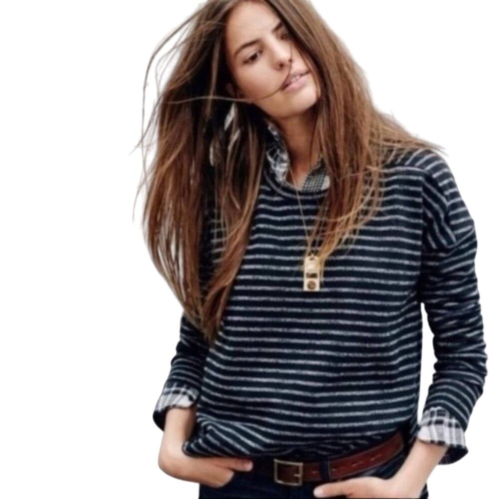 Madewell Marled Stripe Boxy High Low Long Sleeve Sweater in Black White Small